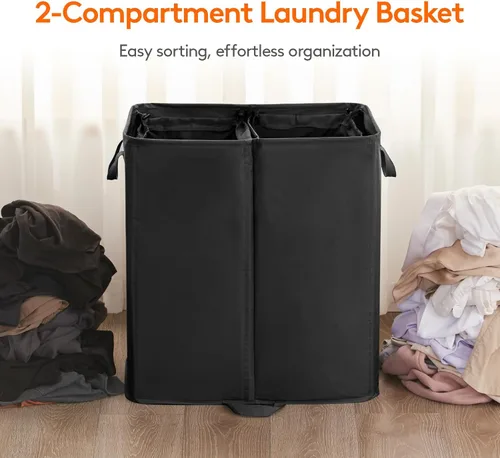 Miniatura 2 de Lifewit Cesta de lavandería doble de 136L con tapa y bolsas de lavandería extraíbles, cesta grande dividida, cesta plegable de 2 secciones con asas