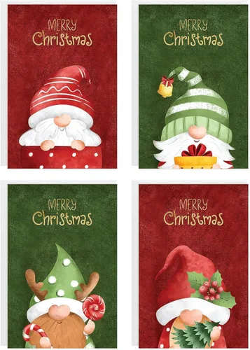 Miniatura 8 de easykart labels 20 tarjetas de gnomo navideño con sobres y pegatinas de sellado, 4 diseños navideños de Santa con efecto de hoja dorada, 6.75" x