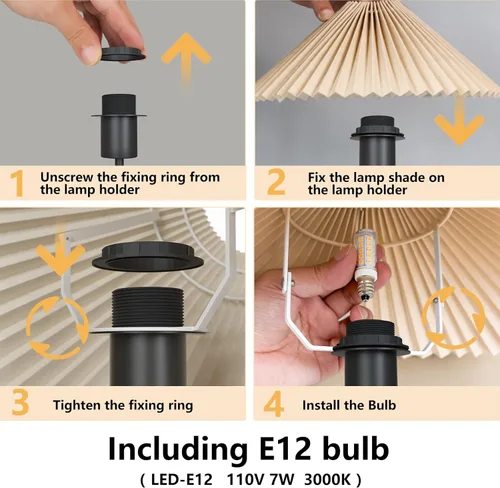 Miniatura 4 de KUNJOULAM Pequeña Lámpara de Mesa Plisada, Lámpara de Mesita de Noche con Pantalla Beige y Base Negra, Lámpara Mini Moderna para Decoración de Negro