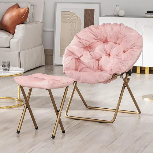 Miniatura 11 de Silla redonda y cómoda, con marco de metal, acogedora silla plegable de piel sintética para adultos, silla Papasan Moon plegable para dormitorio