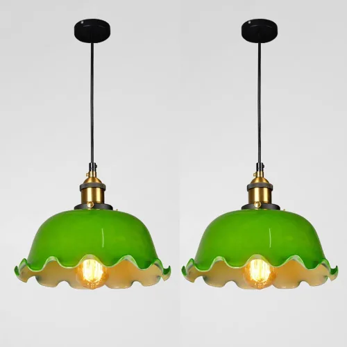 10.2in 2 Pack Large Pendant Lights, Nordic Retro Metal Lamp Head Ceiling Hanging Lighting with Green Glass Shade, Adjustable Cord E27/E26 Sockets