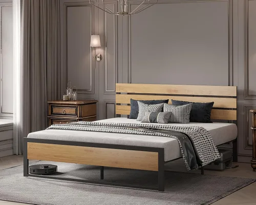 Miniatura 8 de BONSOIR Base de cama tamaño Queen con plataforma de acero estable con cabecero de madera/estribo, no necesita somier, fácil montaje, sin chirridos