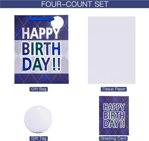 Miniatura 6 de Loveinside Bolsa de regalo a cuadros azul marino con texto en inglés «Happy Birthday» impresa, tamaño mediano con papel de seda, etiqueta, tarjeta