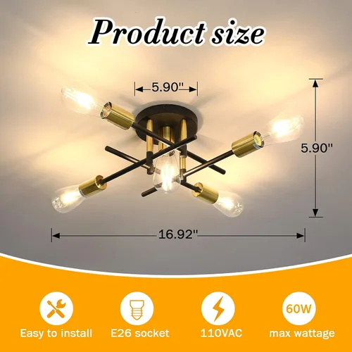 Miniatura 2 de UOFUS Lámpara de techo semiempotrada de 5 luces estilo casa de campo con lámpara E26 moderna lámpara de techo Sputnik negro mate y dorado
