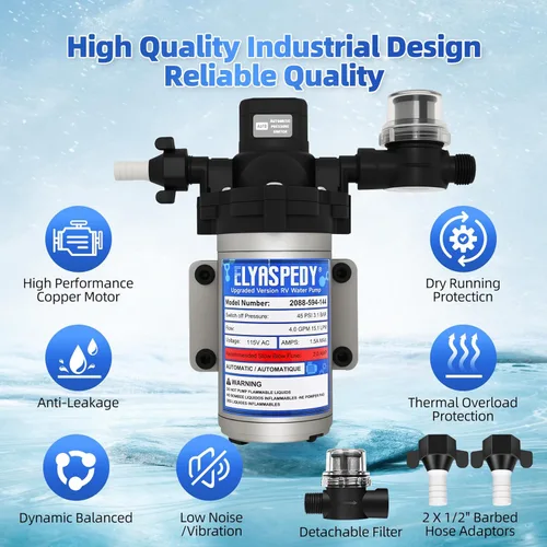 Miniatura 4 de 2025 mejorada 2088-594-144 RV bomba de agua dulce, bomba de agua de diafragma autocebante de 115 V CA 4.0 GPM, 240 GPH, 15.1 LPM, 45 PSI, incluye