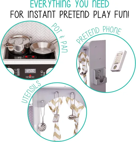 Miniatura 7 de Lil' Jumbl Juego de cocina de esquina para niños, cocina de lujo de madera de simulación, máquina de hielo a pilas, estufa y grifo con sonido gris