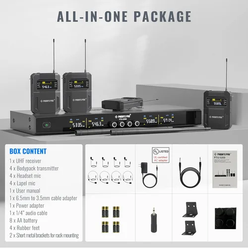 Miniatura 3 de Phenyx Pro Juego de micrófono inalámbrico de 4 canales PTU-5200-4B incluido con estuche de rack poco profundo PRCSE-6UD