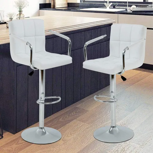 Miniatura 12 de Juego de 2 taburetes de bar con reposabrazos, taburetes de bar giratorios de altura ajustable con respaldo de piel sintética, silla de comedor alta