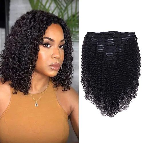 Extensiones de cabello humano rizado con clip, 3C 4A, rizado con clip, cabeza completa, para mujeres negras, cabello humano brasileño Remy, color