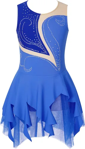 Miniatura 8 de JEATHA Disfraz de ballet brillante con diamantes de imitación para niños, sin mangas, falda de patinaje sobre hielo, vestido de leotardo de gimnasia