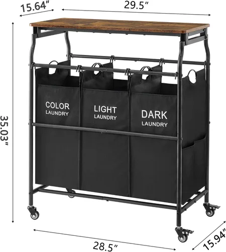 Miniatura 8 de Hoctieon Carrito clasificador de ropa de 3 secciones con tabla de planchar, cesta de lavandería con estante y ruedas rodantes, organizador de cesta