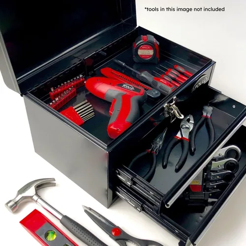 Miniatura 5 de Apollo Tools - Caja de herramientas de acero de 14 pulgadas con compartimento superior profundo y 2 cajones de acero resistente con apertura de Negro
