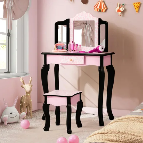 Miniatura 9 de Costzon Juego de mesa y silla para niños, juego de tocador para niñas con espejo y taburete, cajón de almacenamiento, tocador de maquillaje
