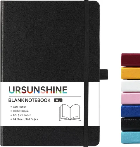 Miniatura 69 de Cuaderno punteado, diario, 5.3 x 8.26 pulgadas, tapa dura, prémium, papel grueso, doble espiral, bandas, cuero negro sintético, lazo para bolígrafo