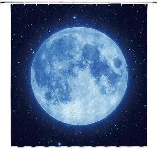 AMFD Cortina de ducha con luna increíble, hermosa fantasía, cielo estrellado, luna brillante, azul, azul marino, negro, cortinas de baño, decoración