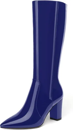 Miniatura 169 de AMBELIGHT Botas altas hasta la rodilla con cremallera y puntera puntiaguda para mujer, de patente sólida, tacón alto, 3.3 pulgadas