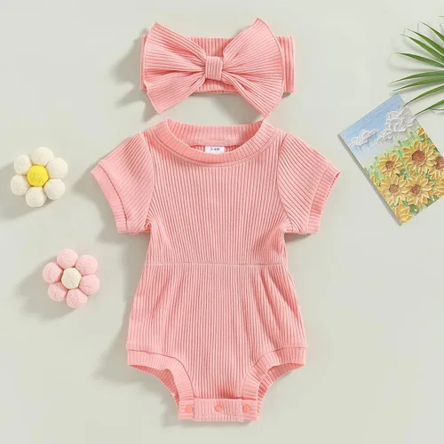 Miniatura 79 de Traje de verano para niña pequeña, de manga corta, acanalado, overol liso, pantalones cortos, ropa para recién nacidos