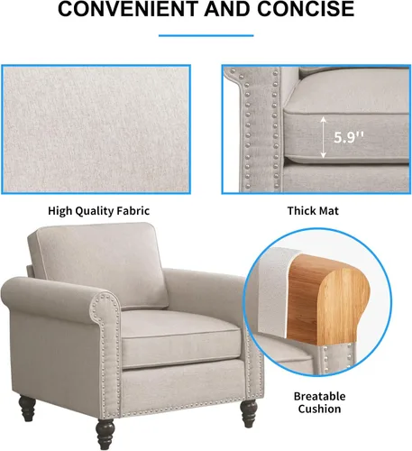 Miniatura 8 de PUREMIND Juego de sofá de 2 piezas para muebles de sala de estar, juego de sofá y silla de oficina moderno de lino con patas de madera maciza, sofá