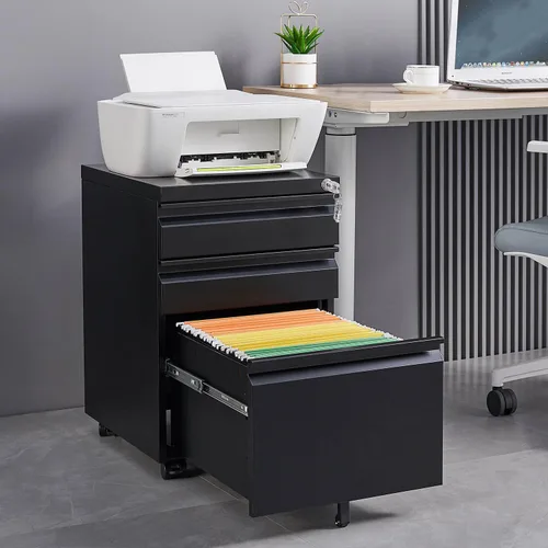 Miniatura 7 de Archivador rodante con cerradura, archivador de almacenamiento de oficina de 3 cajones para tamaño carta, archivador de metal de acero para oficina