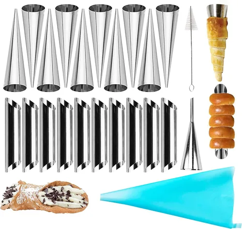 Miniatura 8 de Juego de 30 moldes para cuernos de crema, juego grande de formas para cannoli de acero inoxidable, kit para cannoli para hornear, caparazón de Juego
