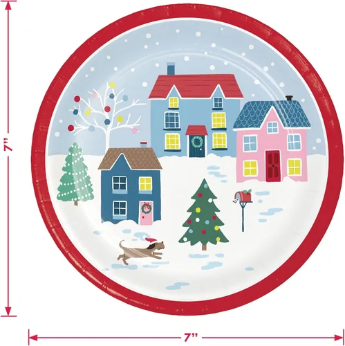 Miniatura 3 de Suministros para fiestas navideñas - Platos de postre de papel, servilletas para bebidas y tenedores de aldea navideña de invierno (para 16 personas)