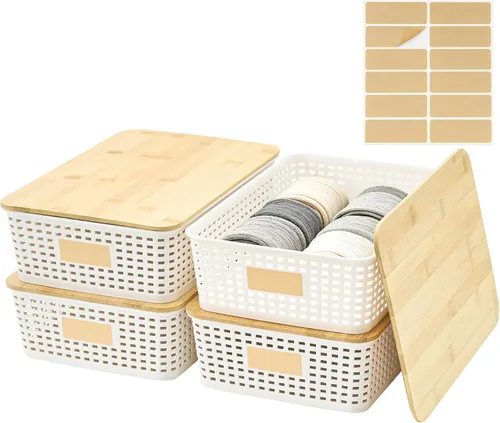 Miniatura 13 de Bagnizer Contenedores pequeños de plástico con tapas de bambú de 5.2 cuartos de galón, cesta apilable para despensa, contenedores decorativos lindos