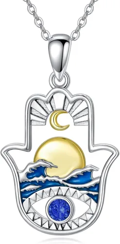Miniatura 18 de PROESS Collar de plata de ley Hamsa Fátima collar de elefante, colgante de ojo azul, joyería para hombres, mujeres, niñas y niños