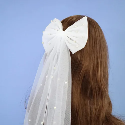 Miniatura 6 de Clip de velo de velo para novia, horquillas de velo con pinzas para el cabello con lazo de malla de perlas (negro)