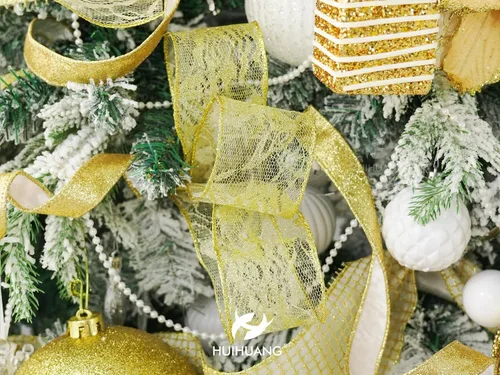 Miniatura 7 de HUIHUANG Cinta de encaje con alambre para árbol de Navidad, 2.5 pulgadas x 25 yardas, cinta de alambre con purpurina dorada para árbol de Navidad