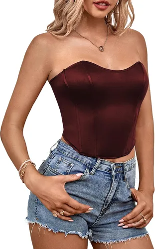 Miniatura 3 de LYANER Blusa sexy de satén con cuello de corazón para mujer, sin tirantes, corsé