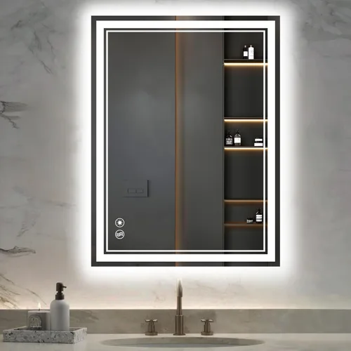 Miniatura 12 de Espejo LED de 48 x 28 pulgadas para baño, espejo de baño sin niebla, con luces LED, regulable, 3 colores, luces delanteras y retroiluminadas, espejo