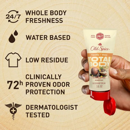 Miniatura 3 de Old Spice Crema desodorante de cuerpo entero para hombres, sin aluminio, aroma a vainilla + karité, protección contra olores 24/7, frescura duradera