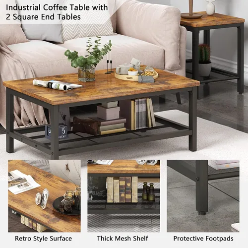 Miniatura 6 de Lamerge Juego de 3 piezas para sala de estar, mesa de café industrial con 2 mesas auxiliares cuadradas, juego de mesa de café con marco metálico