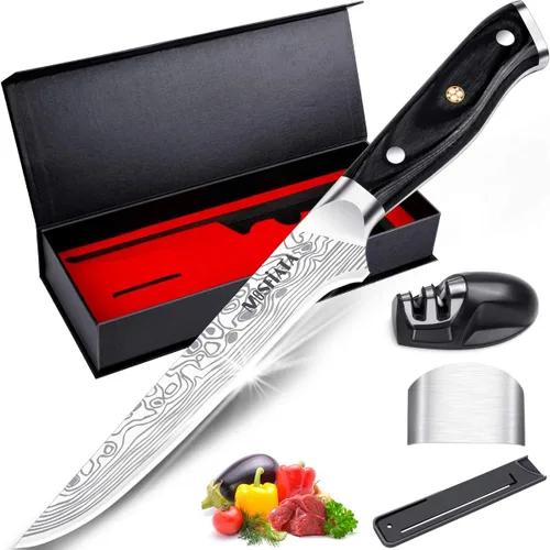 Miniatura 11 de MOSFiATA - Cuchillo de chef profesional súper afilado de 8 pulgadas con protector de dedos y sacapuntas, acero inoxidable alemán de alto carbono