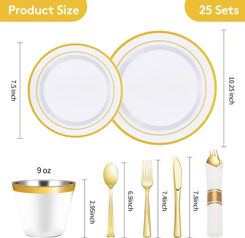 Miniatura 4 de Goodluck Juego de vajilla de plástico dorado de 175 piezas para 25 invitados, platos desechables elegantes para fiestas, incluye: 25 platos llanos