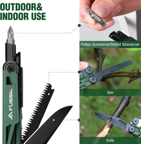 Miniatura 5 de FLISSA Multiherramienta, cuchillo de bolsillo multiherramienta 15 en 1 con funda, alicates multiherramienta EDC de acero inoxidable para hombres