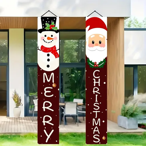 Miniatura 4 de BlissYard Pancartas de Porche Feliz Navidad de 12x71 Pulgadas Decoraciones de Puerta de Papá Noel y Muñeco de Nieve Fondo Rojo Pancarta Colgante