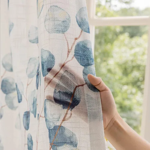 Miniatura 5 de SUOUO Cortinas blancas semitransparentes con hojas azules para dormitorio, comedor, sala de estar, lino texturizado de 84 pulgadas de largo