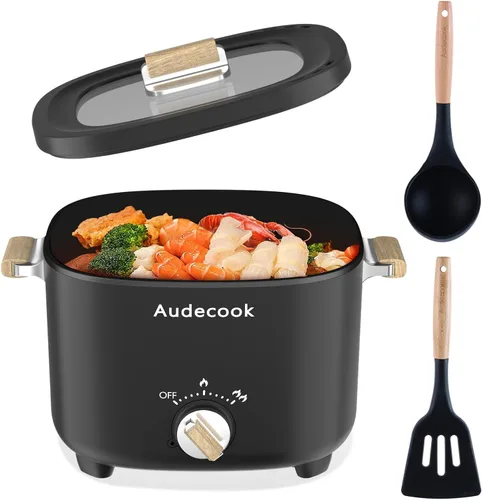 Audecook Hot Pot Eléctrico, Multicocina antiadherente portátil de 2.5 L para 1-3 personas, sartén eléctrica de viaje con textura de panal con Negro