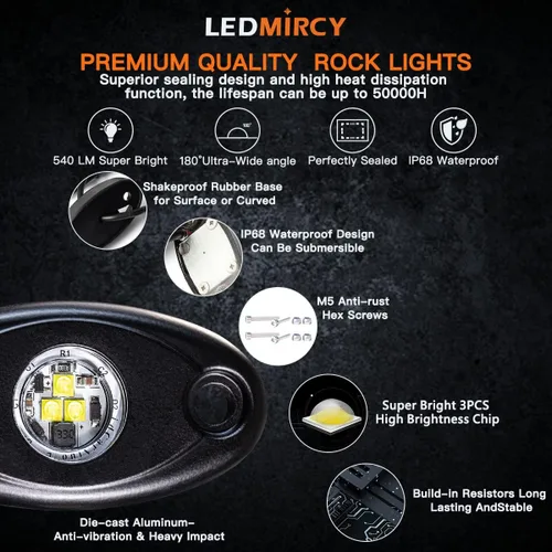 Miniatura 4 de LEDMIRCY Luces LED de roca blancas, 6 piezas para Je ep todoterreno, camiones, RZR, barco, ATV, UTV, SUV, luces de neón bajo la carrocería, Trail