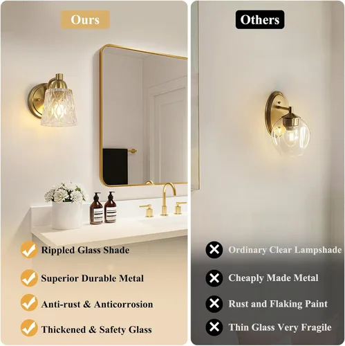 Miniatura 6 de Mecgirn Stainless Steel Bathroom Vanity Light Over Mirror, 1 Light Brushed Gold Bathroom Light Fixtures with Textured Glass Shades, Modern Vanity