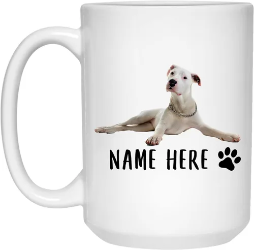 Taza de café con texto personalizado Dogo Argentino Lying White para mujeres y hombres, taza de café con texto personalizado, taza de cerámica de 15