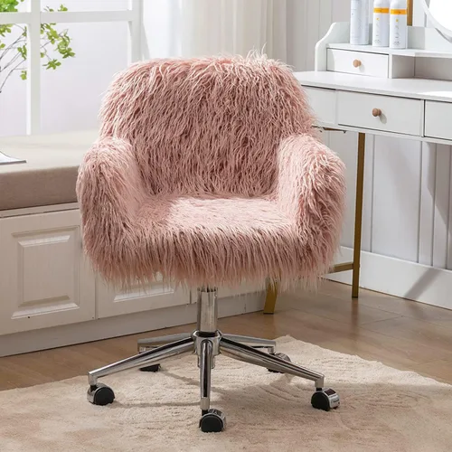Miniatura 3 de Silla de escritorio de piel sintética con ruedas, moderna silla de tocador de maquillaje peluda para niñas y mujeres, sillas de escritorio tapizadas