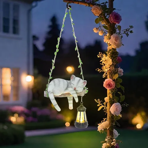 Miniatura 7 de Estatua de jardín con luz solar para exteriores, columpio colgante de 22.6 pulgadas de alto con un gato dormido y una linterna LED, figura de animal