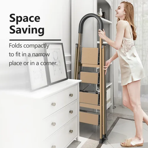 Miniatura 2 de escalera ligera de aluminio de 4 peldaños, taburete plegable con pedal antideslizante y ancho para uso en el hogar y la cocina, ahorro de espacio