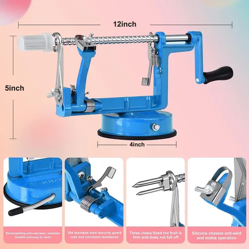 Miniatura 2 de Pelador de manzanas, rebanador descorazonador peladores de patatas 3 en 1, acero inoxidable resistente con base de ventosa y 3 cuchillas adicionales