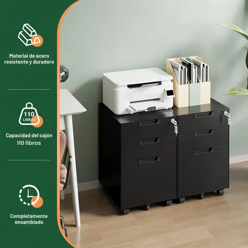 Miniatura 5 de Letaya Archivador móvil de 3 cajones con cerradura, archivadores pequeños de metal debajo del escritorio para organizador de oficina en casa Negro