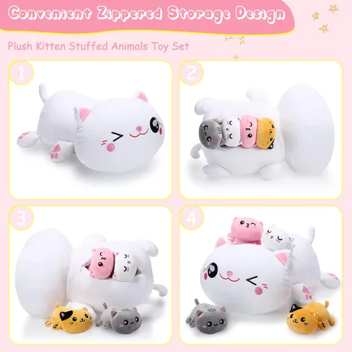 Miniatura 4 de Libima 5 piezas de animales de peluche de gato de Navidad con bebés dentro del vientre, 1 gato de peluche mamá con 4 gatitos juguetes de peluche