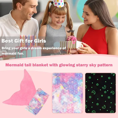 Miniatura 6 de Catalonia Manta de cola de sirena para niñas, saco de dormir de sirena que brilla en la oscuridad para niños de 3 a 14 años, regalo de sirena