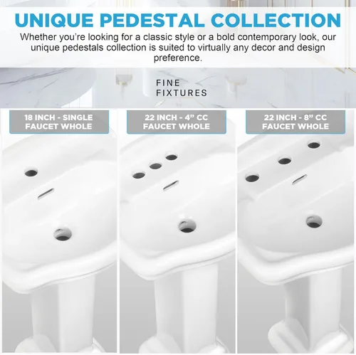 Miniatura 7 de Fine Fixtures Roosevelt Lavabo de Pedestal para Baño – Lavabo de Pedestal Pequeño de 22 Pulgadas, Porcelana Vítrea Duradera con Grifo de Lavabo